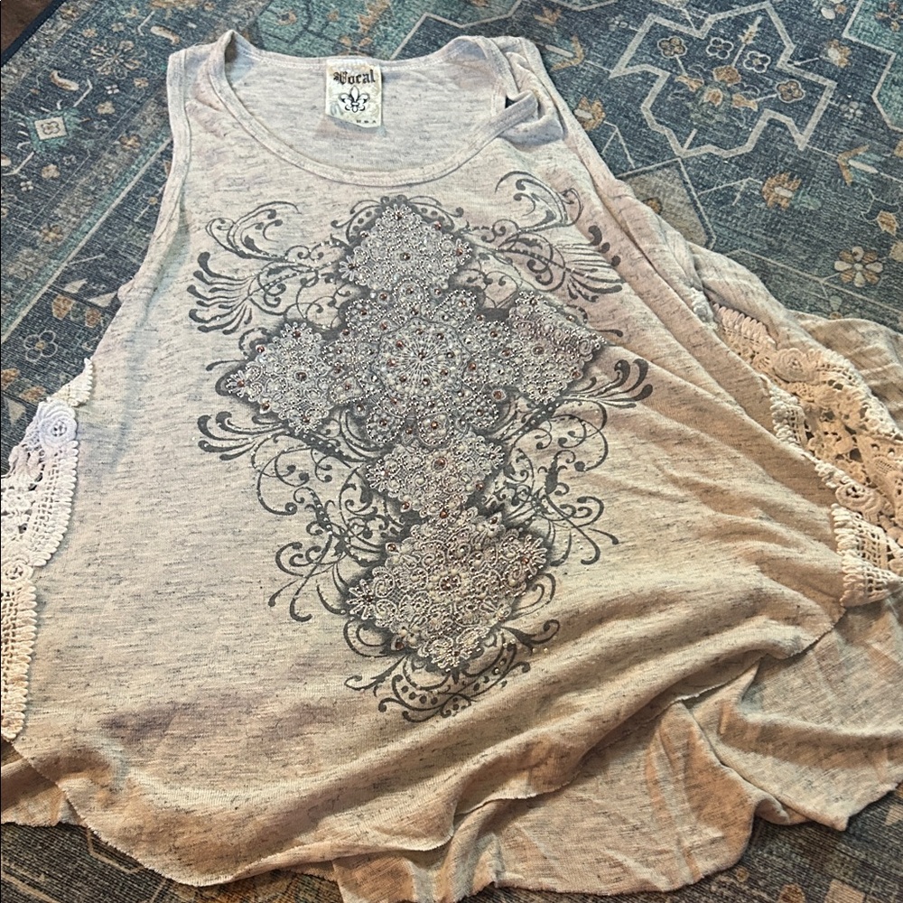 Vocal Heather Gray Tank Top with Lace and Cross Pattern